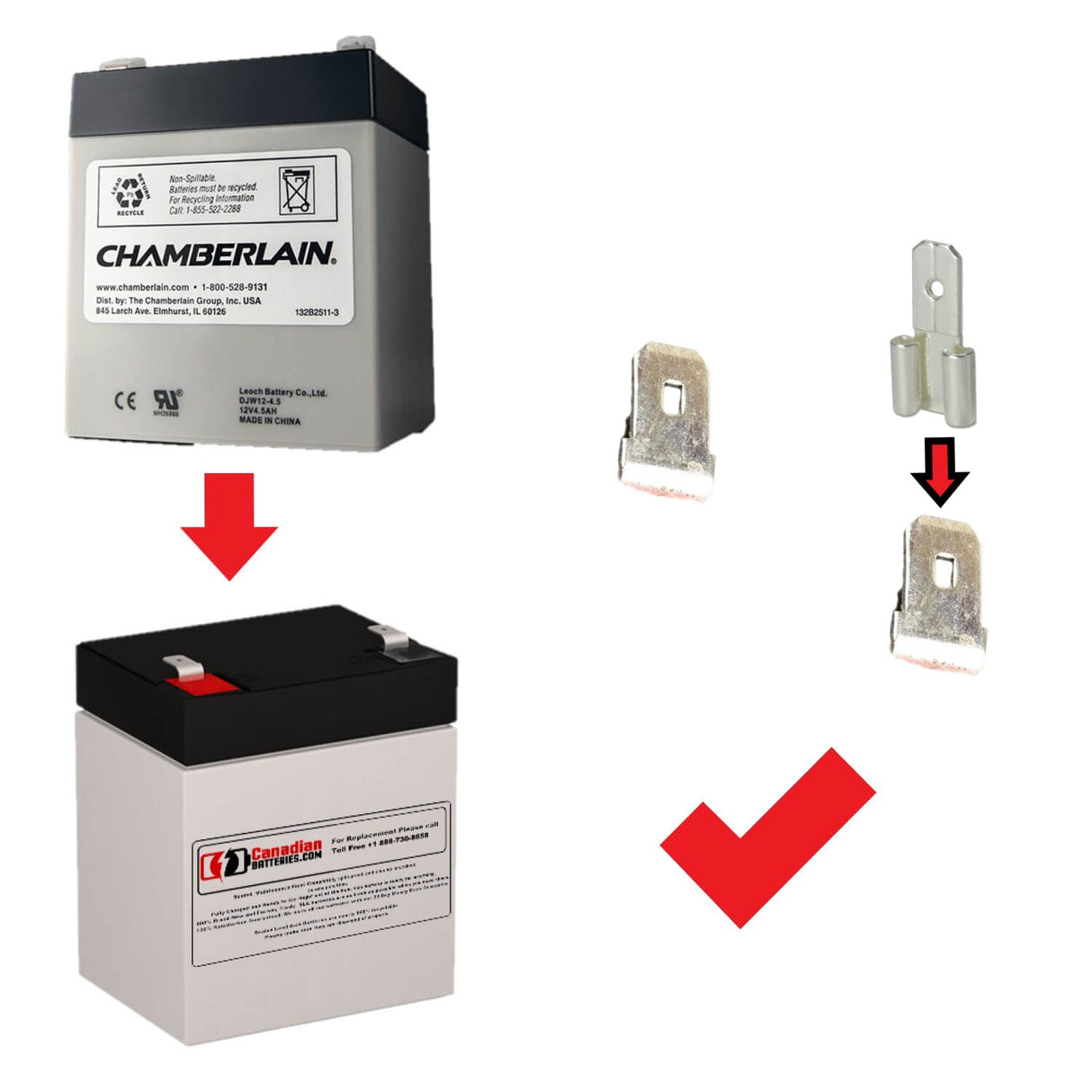 Chamberlain 1 HP Belt Drive 12V 5Ah garage door opener battery Sealed Lead Acid CB Generic F2 Terminal +VE - F1 Terminal -VE (Supplied 1x F2-F1 Converter)