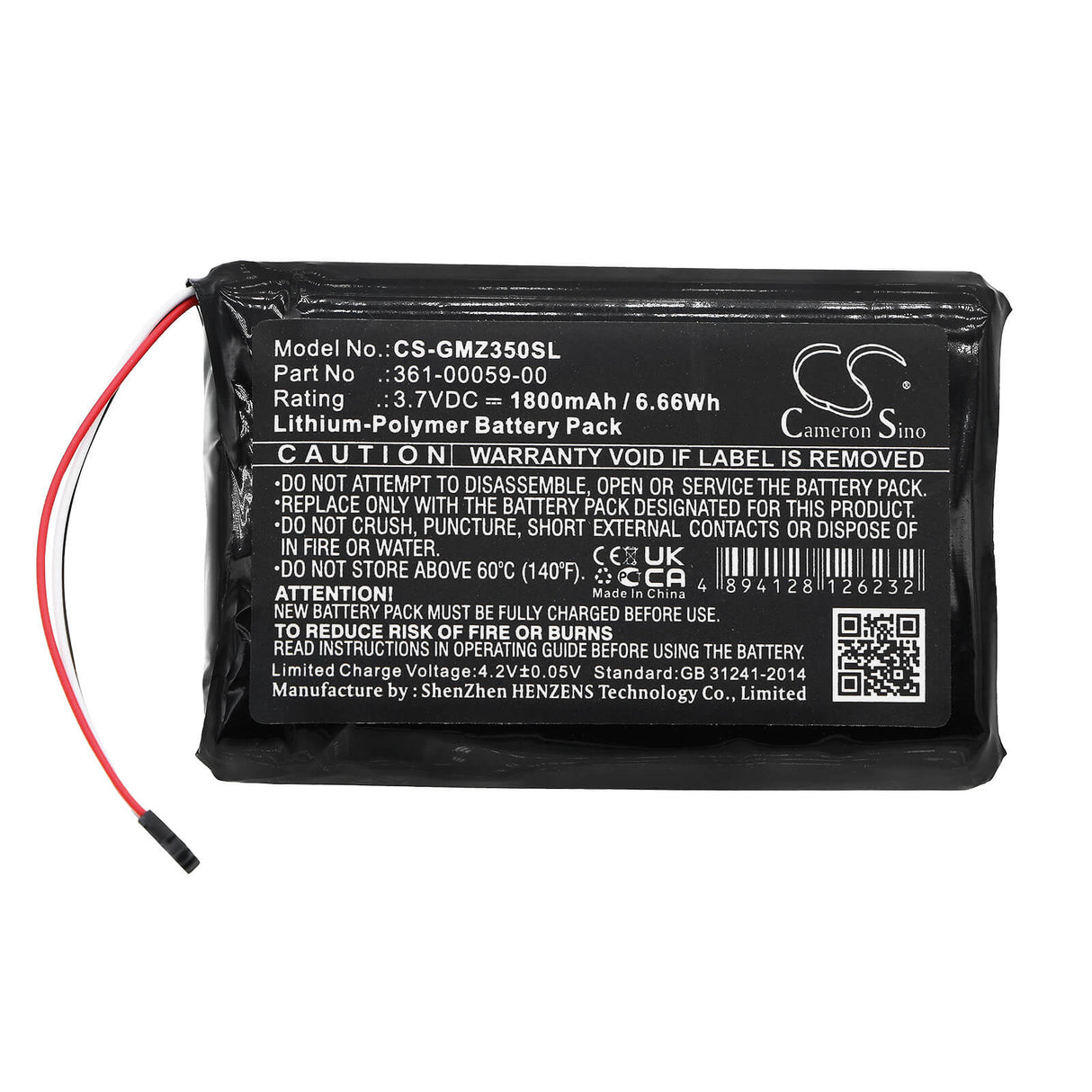 3.7V, Li-Polymer, 1800mAh, batterie GPS compatible Garmin, 361-00059-00, Zumo 340lm, Zumo 350lm, 6.66Wh GPS, Navigator Cameron Sino Technology Limited