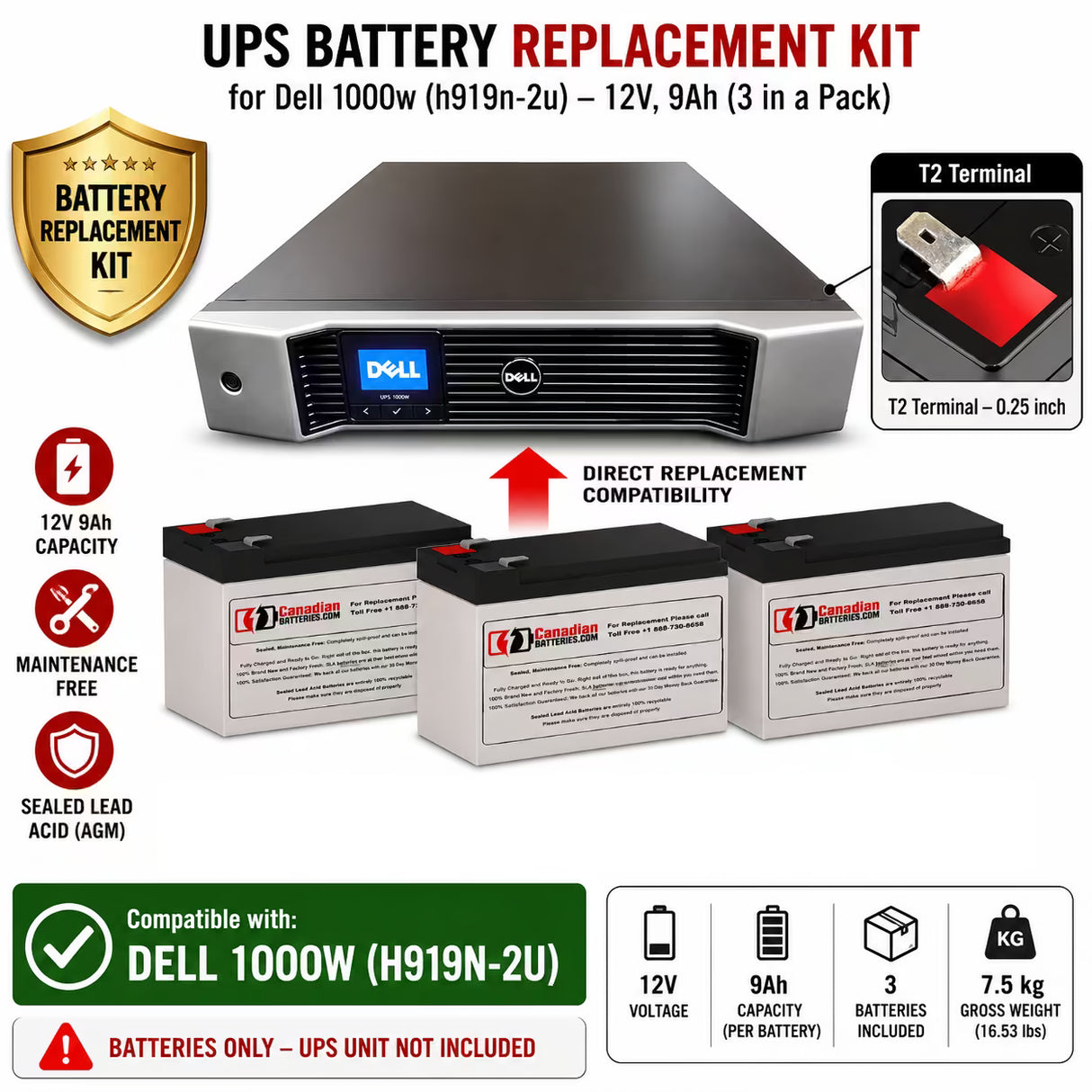 Dell 1000W H919N-2U UPS Battery Replacement 12V 9Ah 3 Pack UPS Batteries CB Range