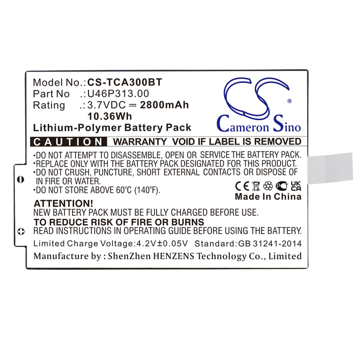 Li-Polymer, Alarm Battery For Technicolor, Tca300com 3.7v, 2800mah - 10.36wh Alarm System Cameron Sino Technology Limited