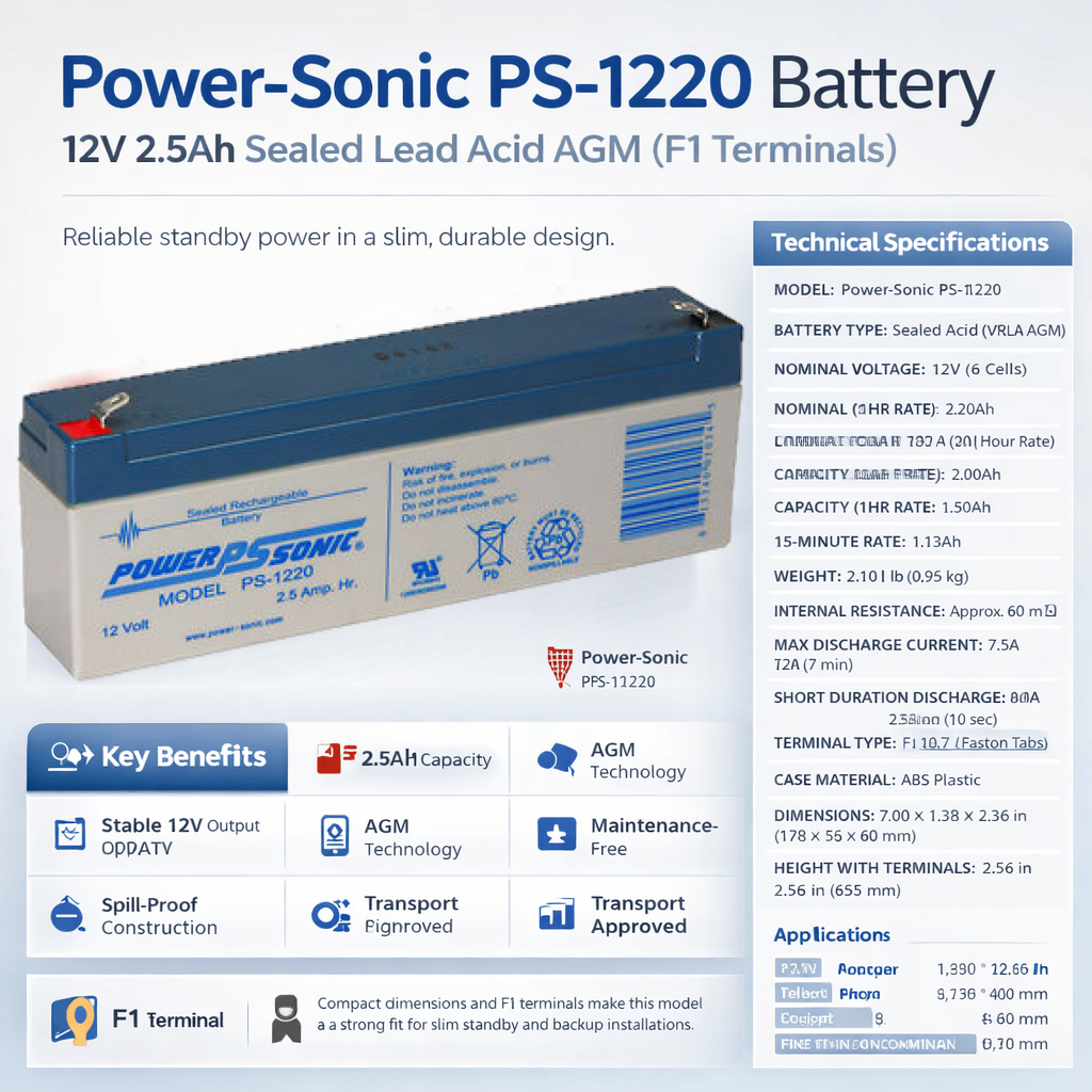 Original Powersonic Ps-1220, 12v, 2.5Ah F1 Terminals Sealed Lead Acid (Special) Powersonic
