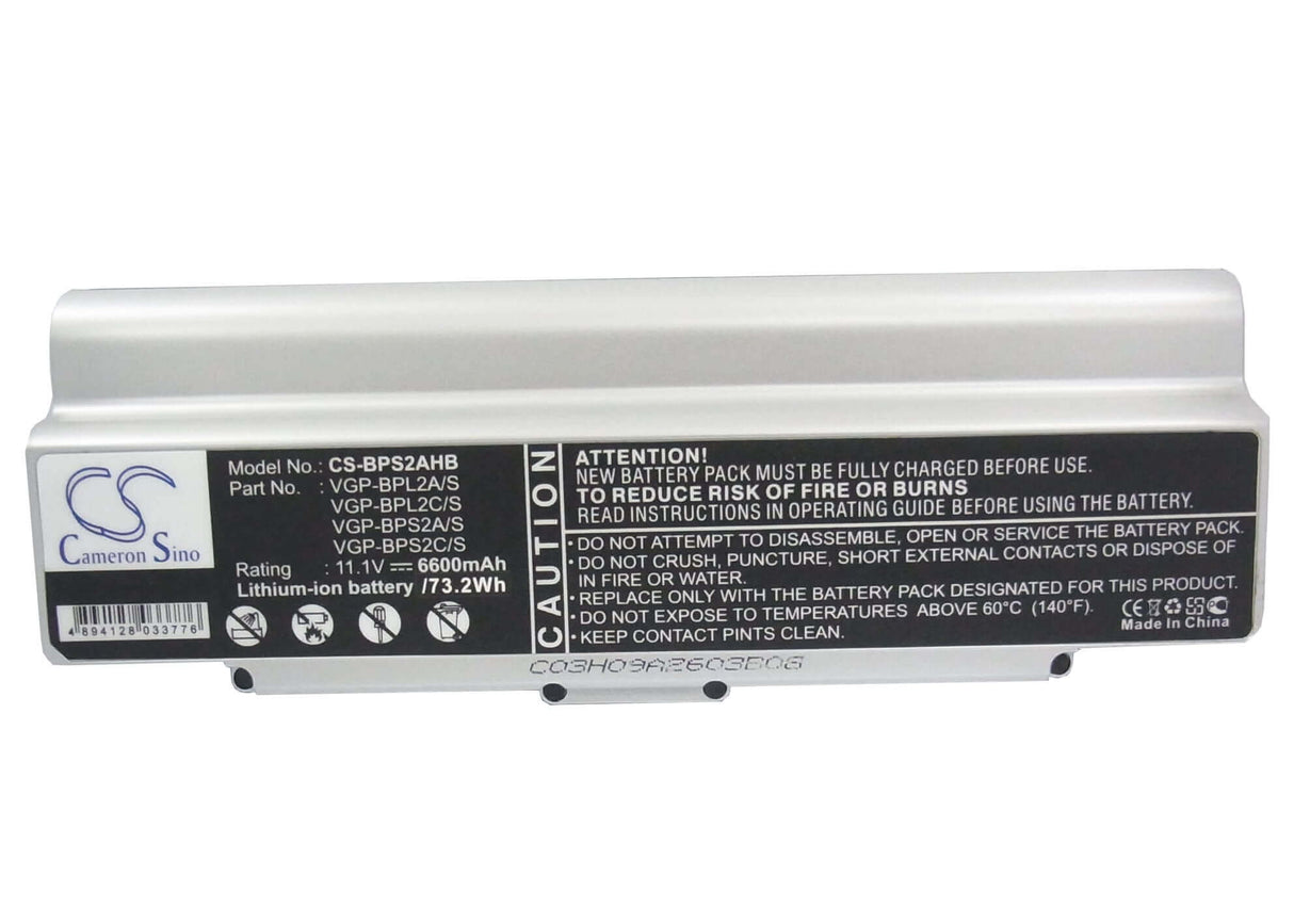 Silver Battery For Sony Vaio Vgn-c140g/b, Vaio Vgn-c150p/b, Vaio Vgn-c190 11.1v, 6600mah - 73.26wh Notebook, Laptop Cameron Sino Technology Limited
