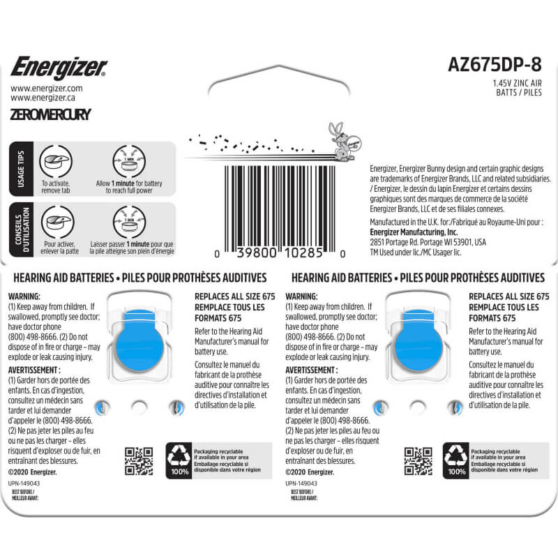 Size 675 Energizer Hearing Aid Battery Eight On A Card Coin Cell Batteries Energizer