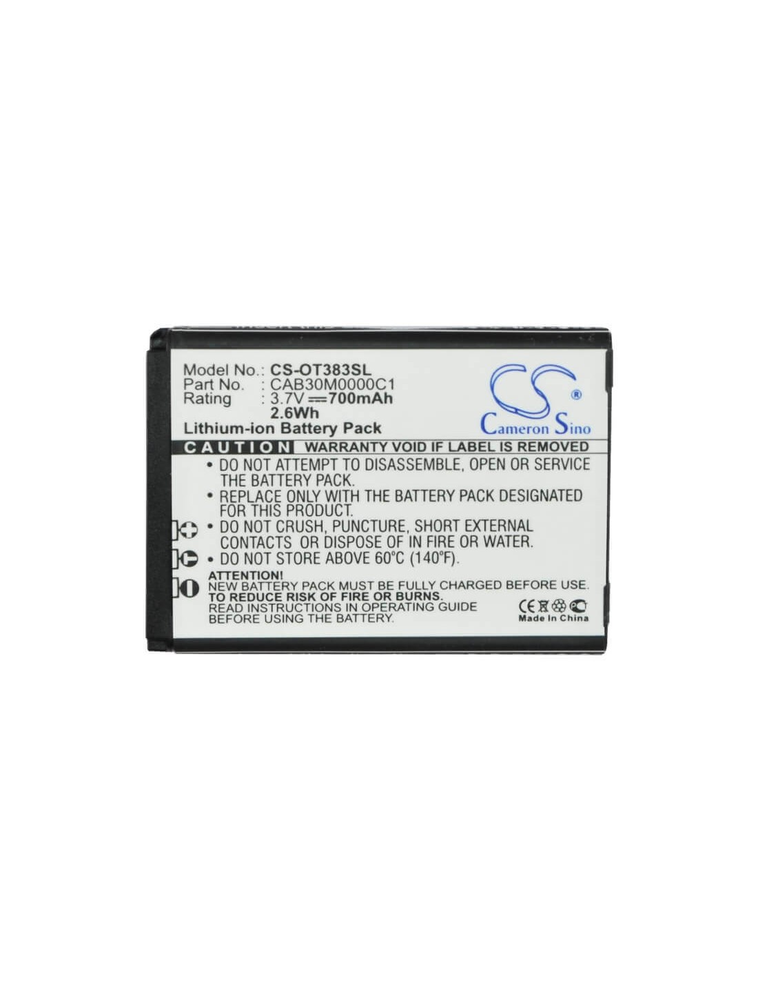 Battery for Alcatel OT-600A, OT-383A, OT-206 3.7V, 700mAh - 2.59Wh