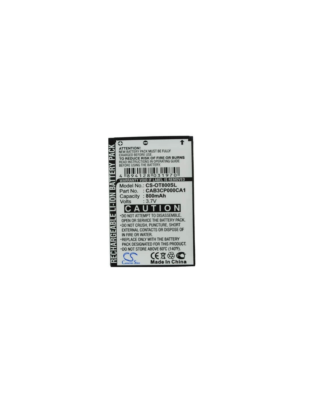 Battery for Alcatel OT-800, OT-800A, Tribe 3.7V, 800mAh - 2.96Wh