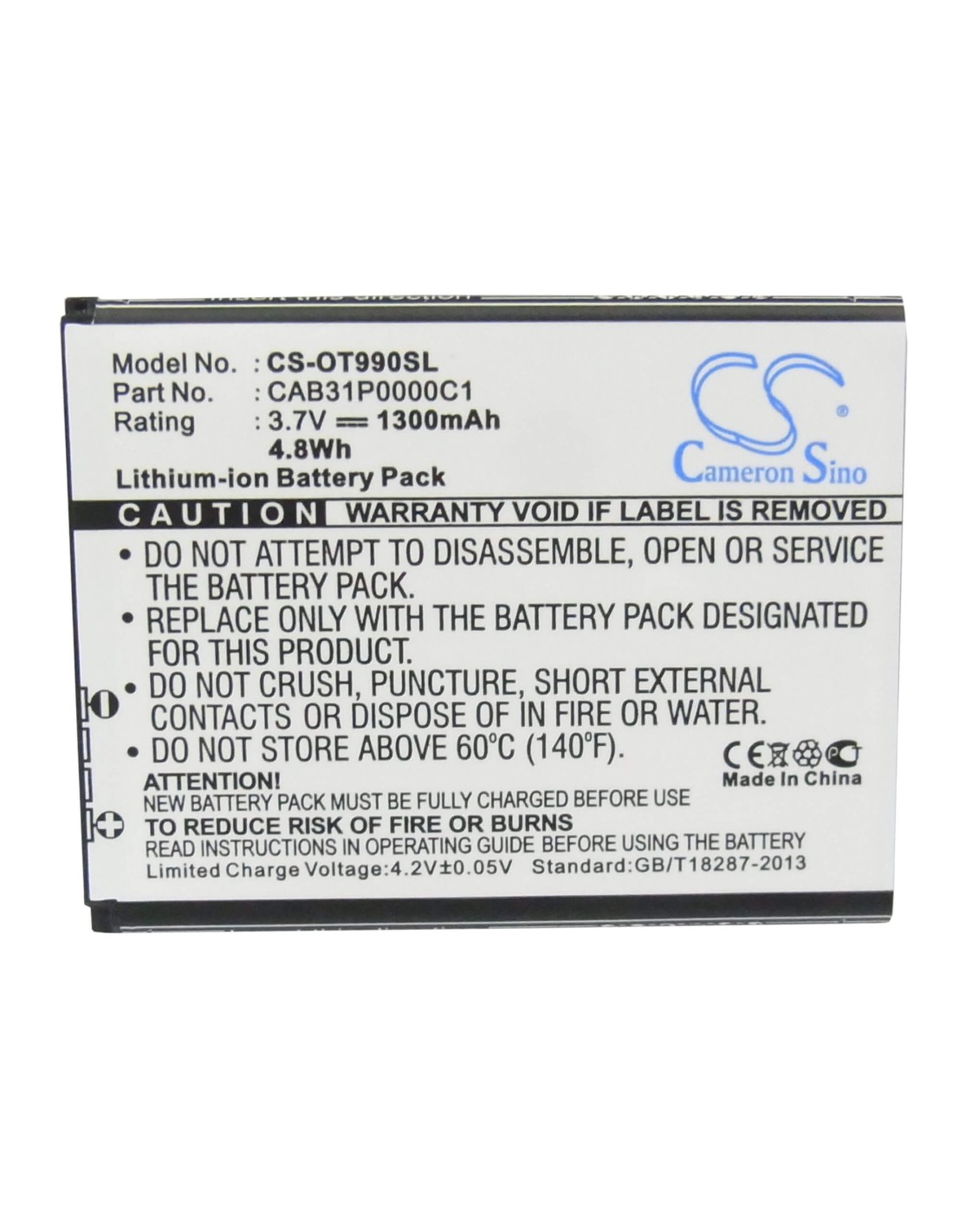 Battery for Alcatel One Touch 990, OT-990, One Touch 908 3.7V, 1300mAh - 4.81Wh