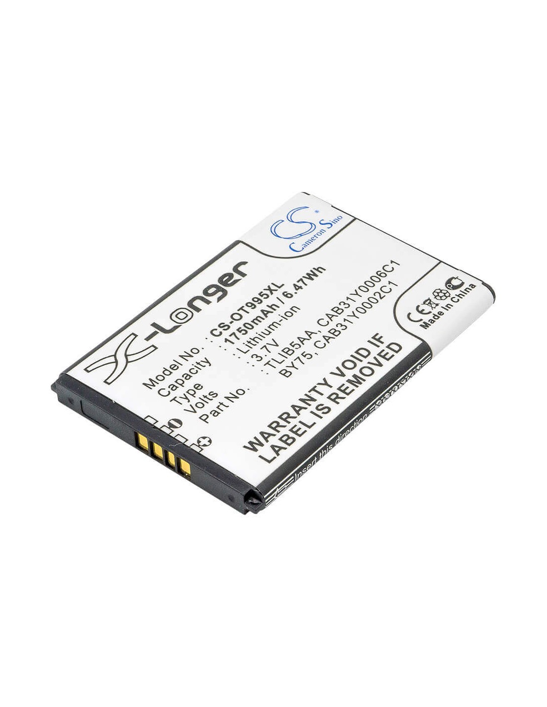 Battery for Alcatel OT-995, OT-995 Ultra, One Touch 995 3.7V, 1750mAh - 6.48Wh