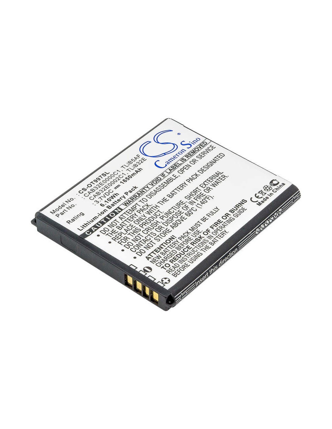 Battery for Alcatel OT-997, OT-997D, One Touch 997 3.7V, 1650mAh - 6.11Wh