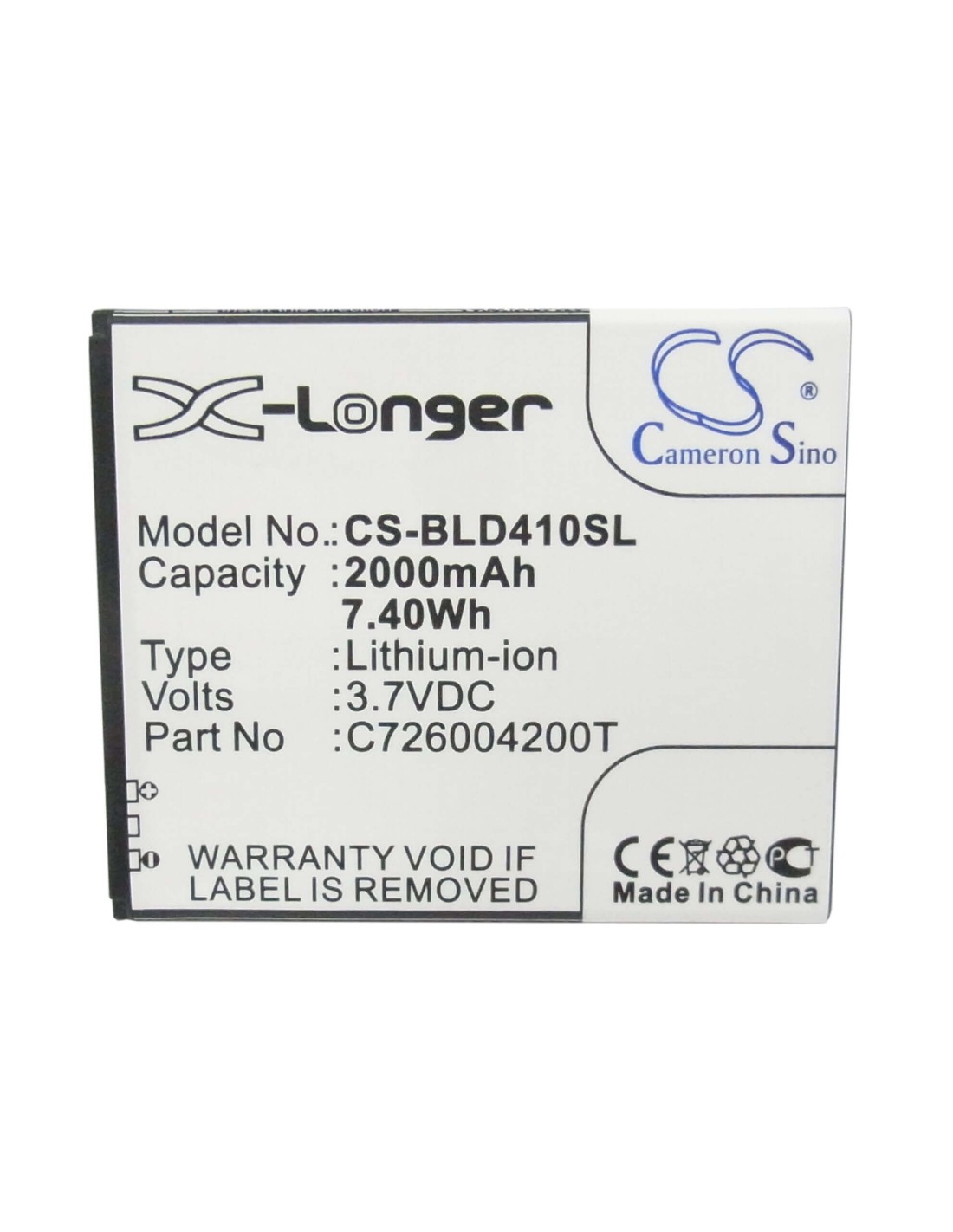 Battery for BLU Dash 5.0, D410, D410a 3.7V, 2000mAh - 7.40Wh