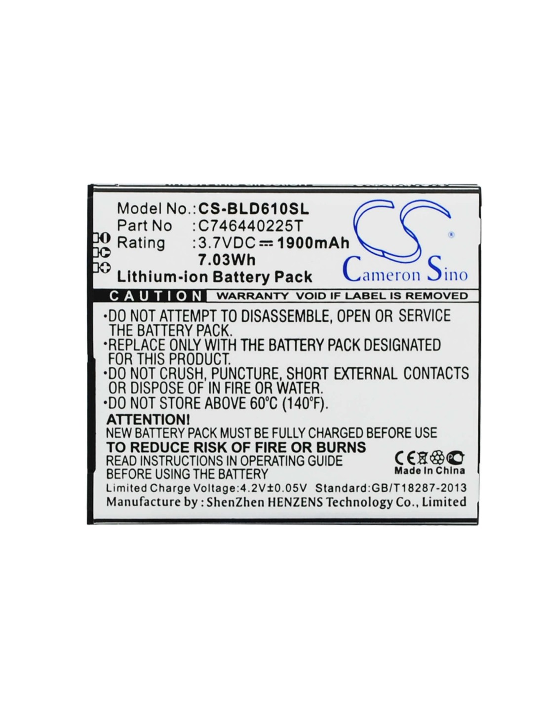 Battery for BLU Studio 5.5, D610, D610A 3.7V, 1900mAh - 7.03Wh