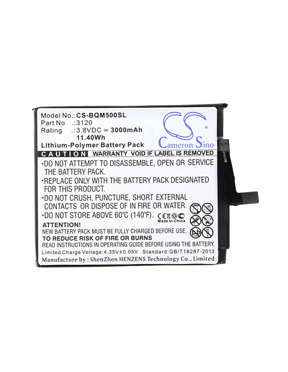 Battery for BQ Aquaris M5 3.8V, 3000mAh - 11.40Wh