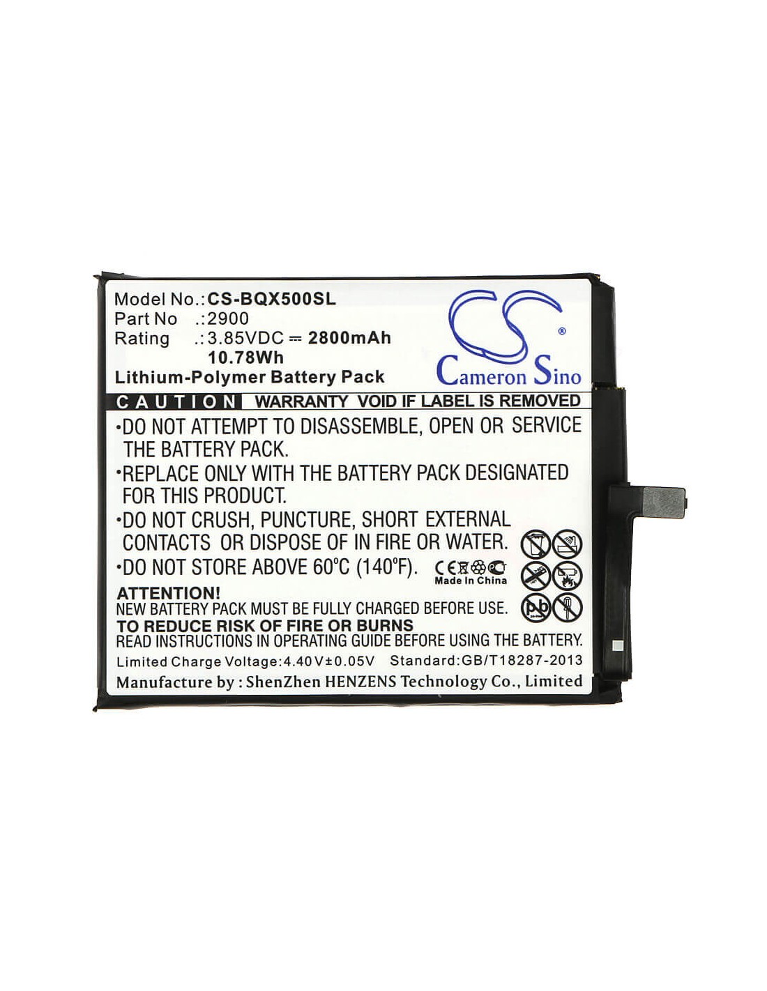 Battery for BQ Aquaris X5, Aquaris X5 Cyanogen Edition 3.85V, 2800mAh - 10.78Wh