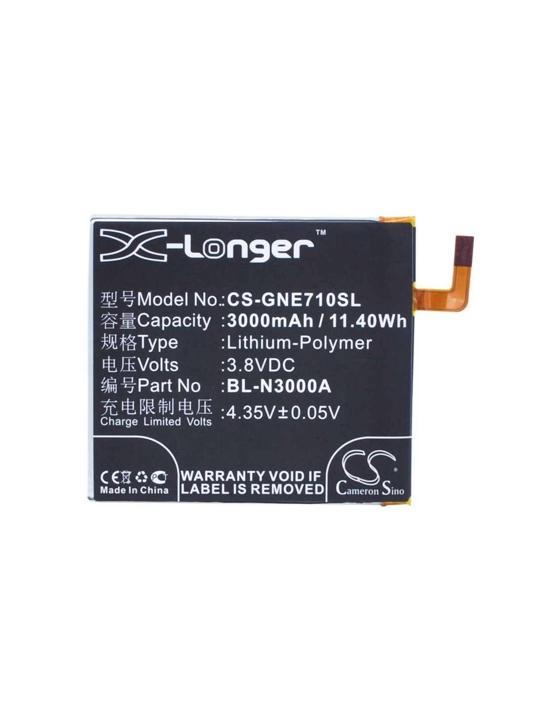 Battery for GIONEE Elife E7L 3.8V, 3000mAh - 11.40Wh