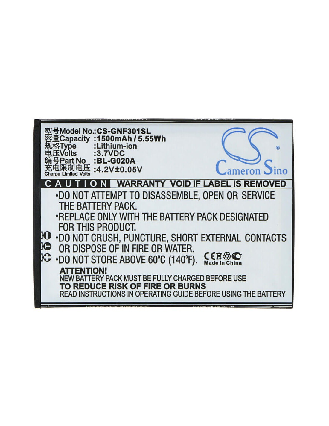 Battery for GIONEE F301 3.7V, 1500mAh - 5.55Wh