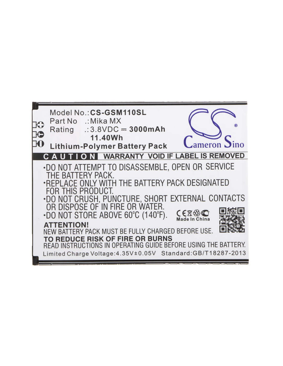 Battery for GSmart Mika MX, Mika MX Dual SIM LTE 3.8V, 3000mAh - 11.40Wh