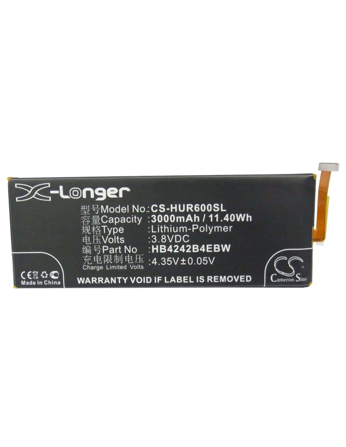 Battery for Huawei Honor 6, H60-L02, Mulan 3.8V, 3000mAh - 11.40Wh