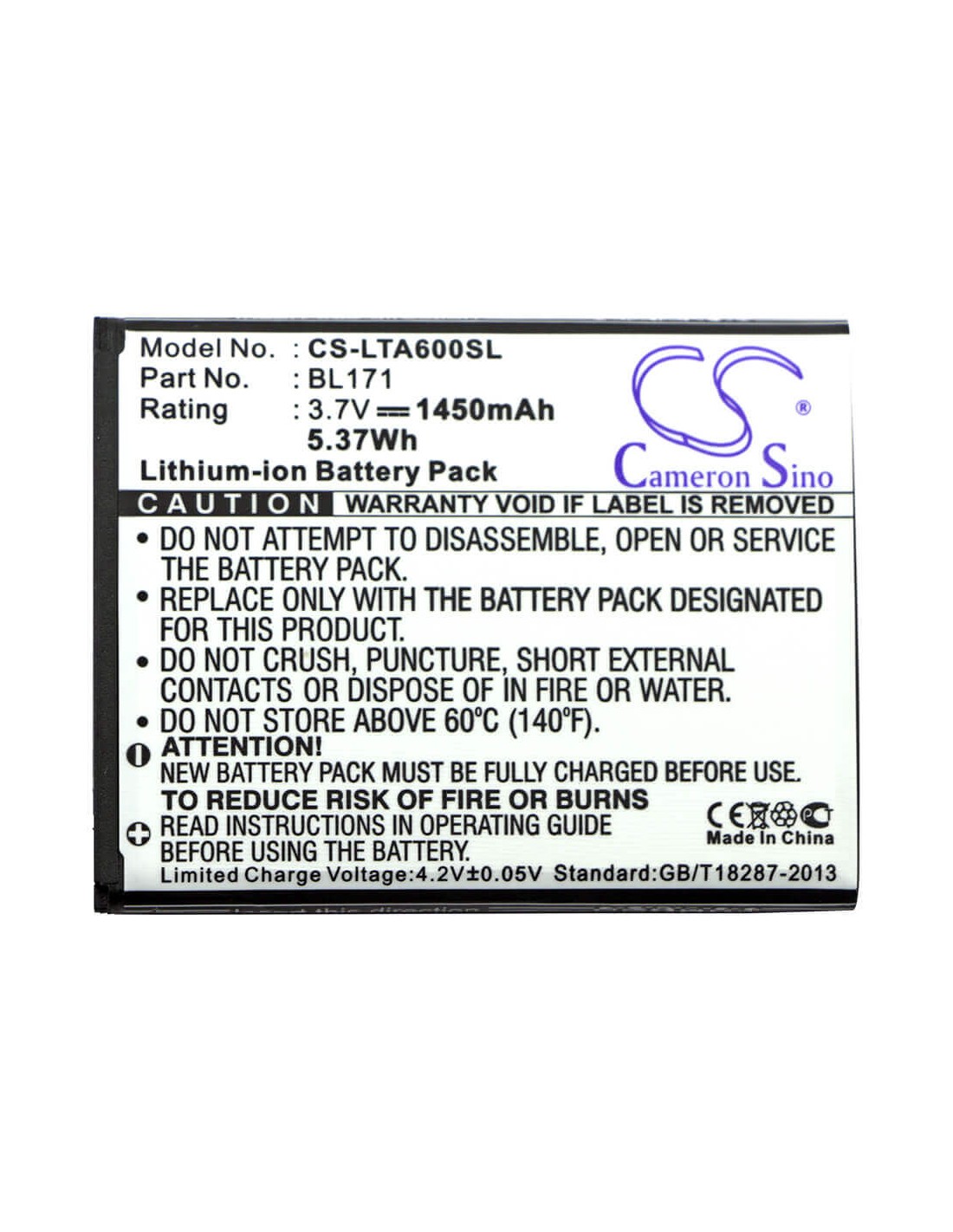 Battery for Lenovo A60, A65, A500 3.7V, 1450mAh - 5.37Wh