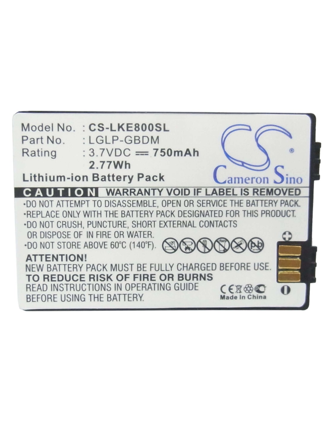 Battery for LG KE800, KG90n 3.7V, 750mAh - 2.78Wh