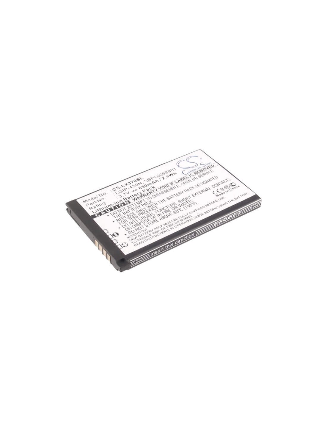 Battery for LG LX370, LX370 Slider, LX290 3.7V, 650mAh - 2.41Wh