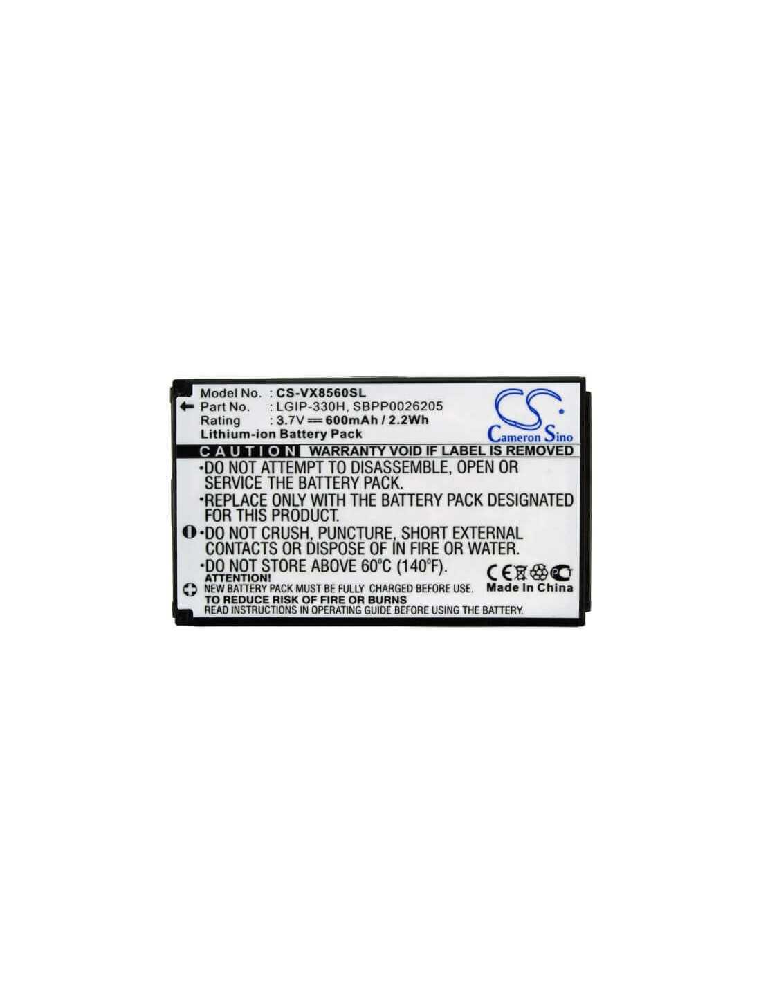 Battery for LG VX8560, Chocolate 3 3.7V, 600mAh - 2.22Wh