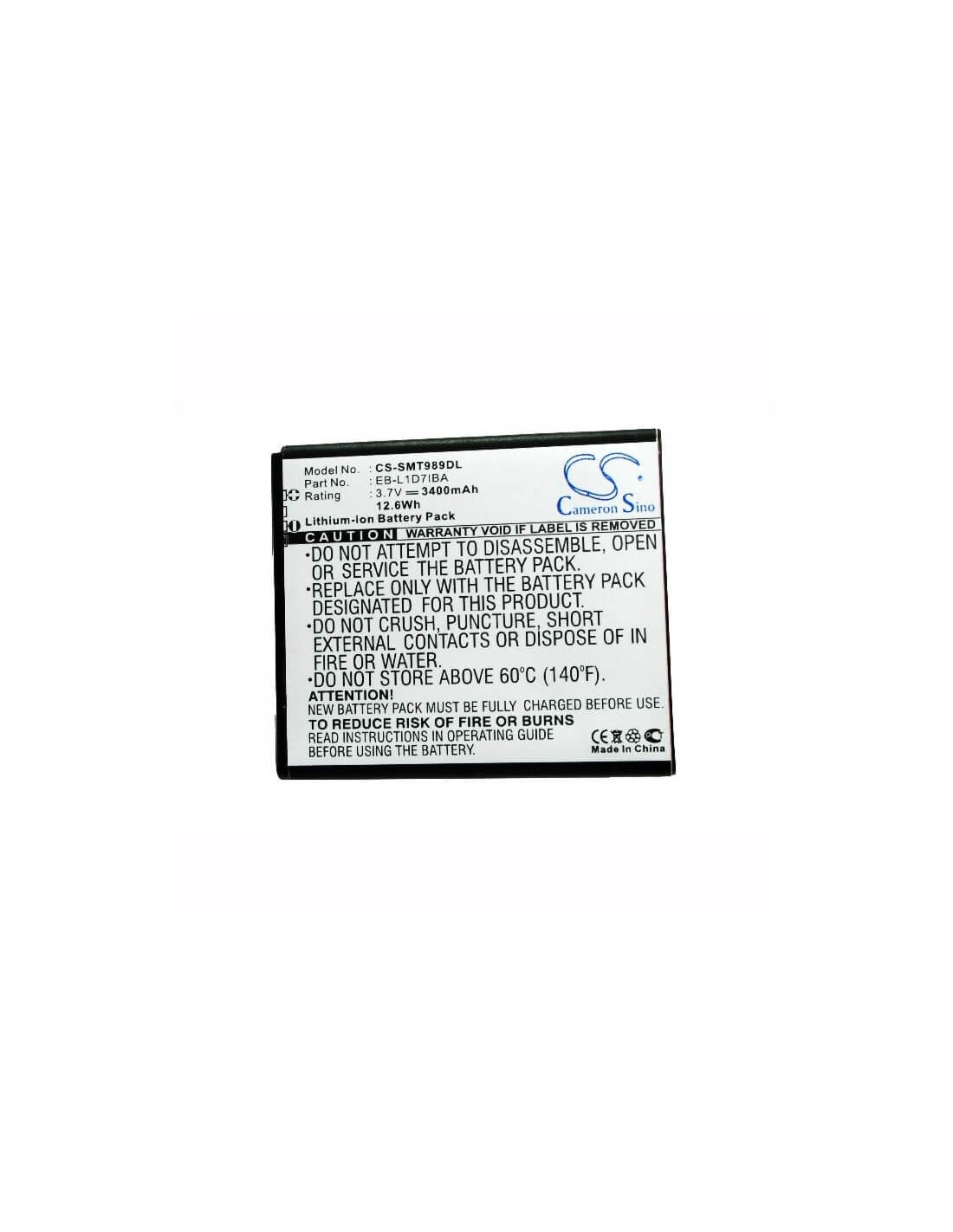 Battery for Samsung Galaxy S Hercules, SGH-T989, Galaxy S II X, Black cover 3.7V, 3400mAh - 12.58Wh