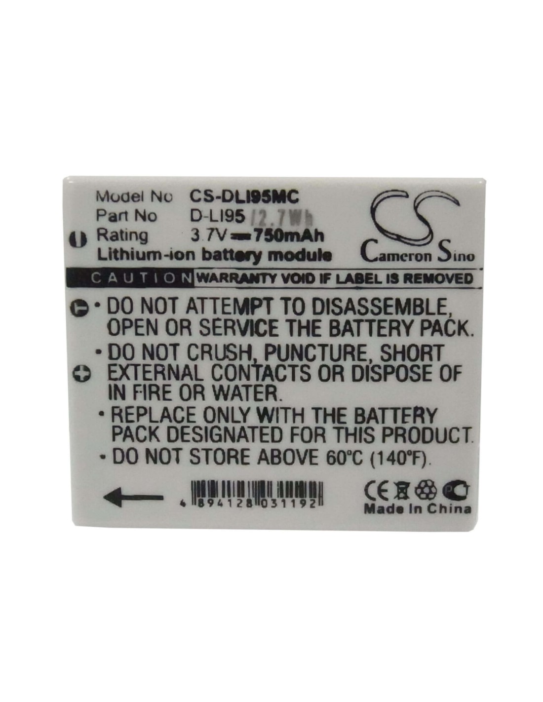 Battery for Pentax Optio E75, Optio E85, 3.7V, 700mAh - 2.59Wh