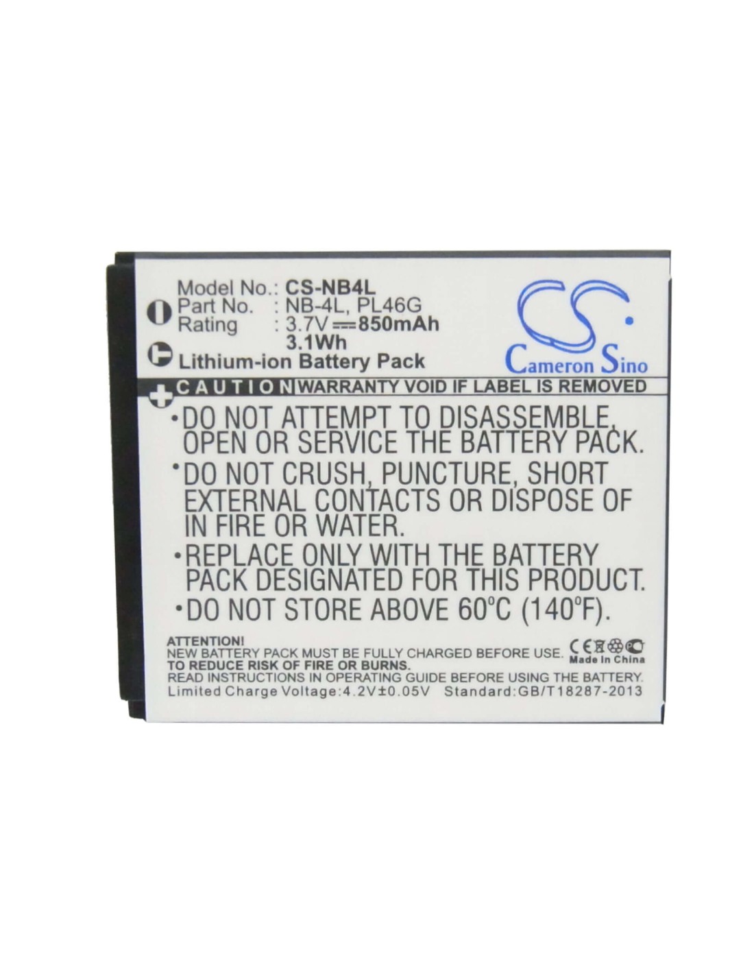 Battery for Canon Digital Ixus 100 Is, 3.7V, 850mAh - 3.15Wh