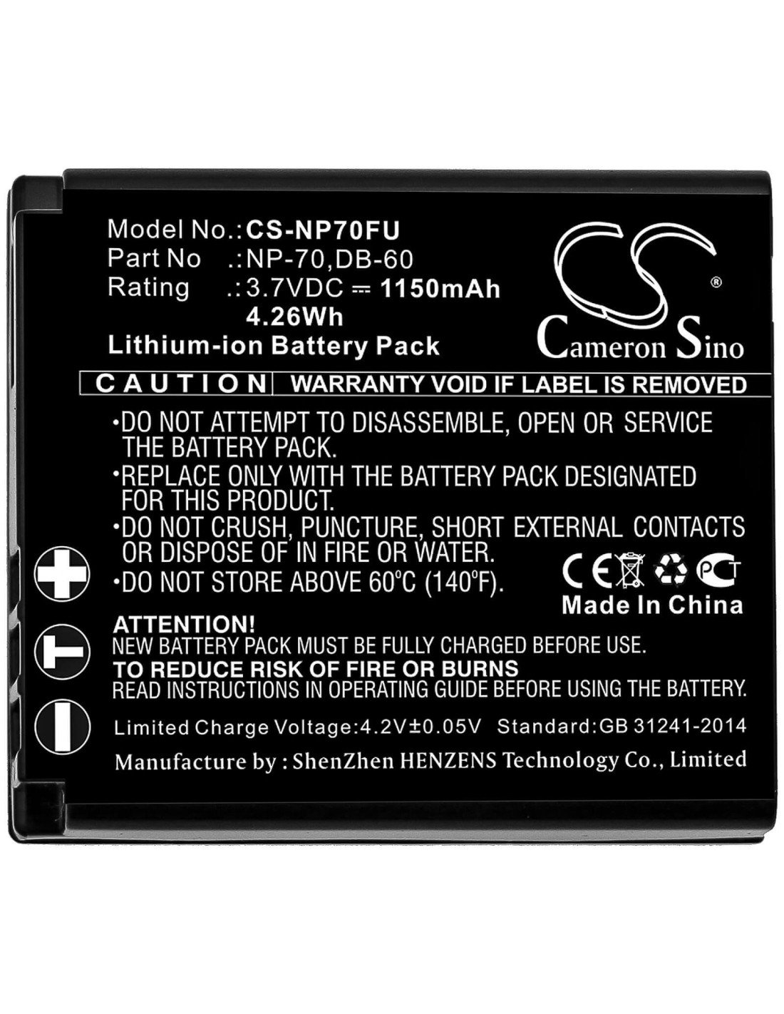 Battery for Fujifilm Finepix F20, Finepix F40fd, 3.7V, 1150mAh - 4.26Wh