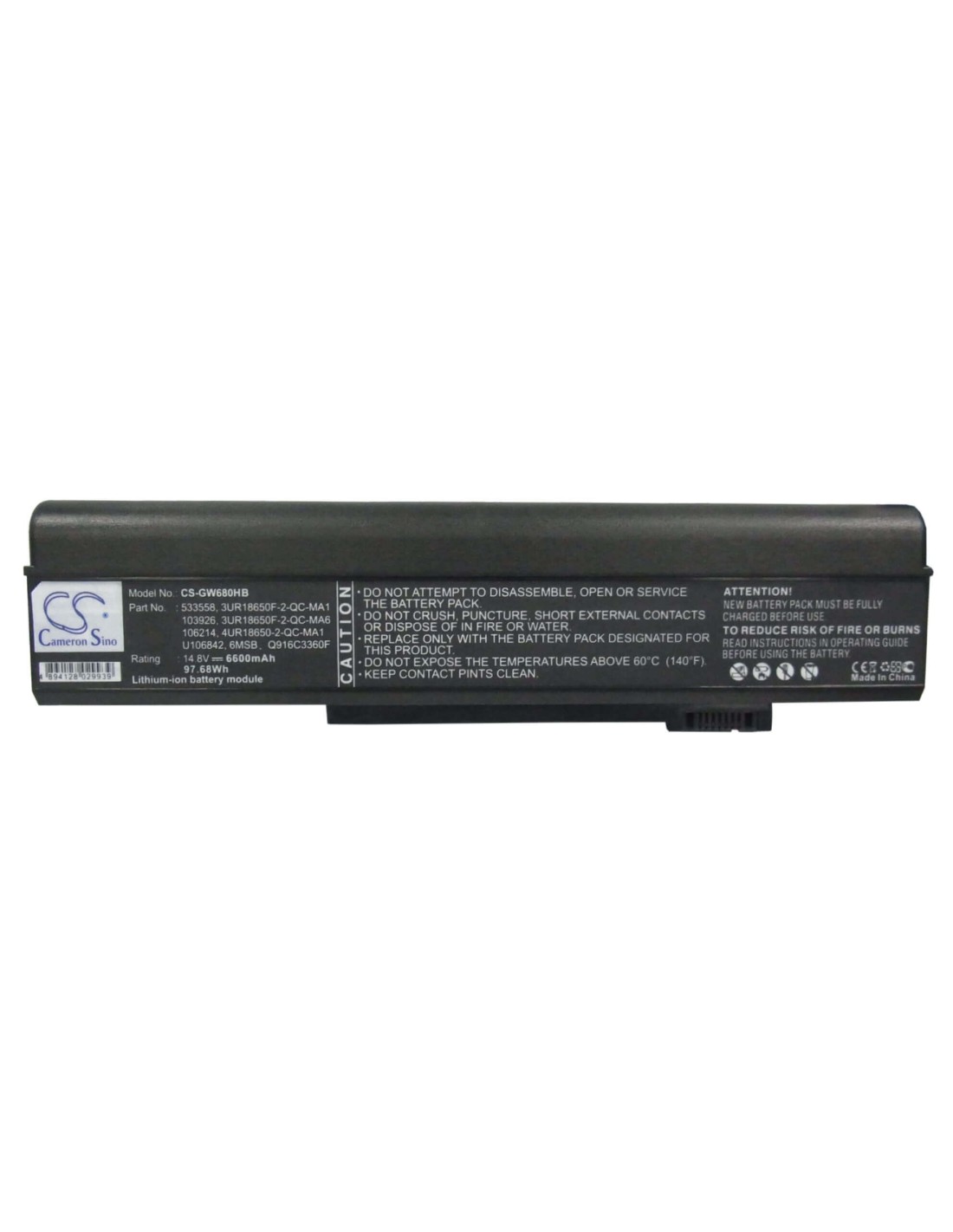 Black Battery for Gateway M360, M460, M680 14.8V, 6600mAh - 97.68Wh