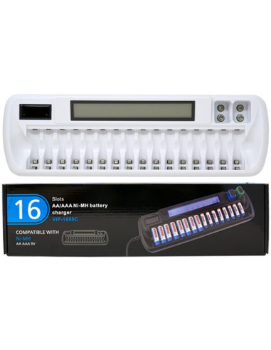 16 Bay Intelligent Battery Charger with LCD display charges AA & AAA batteries 