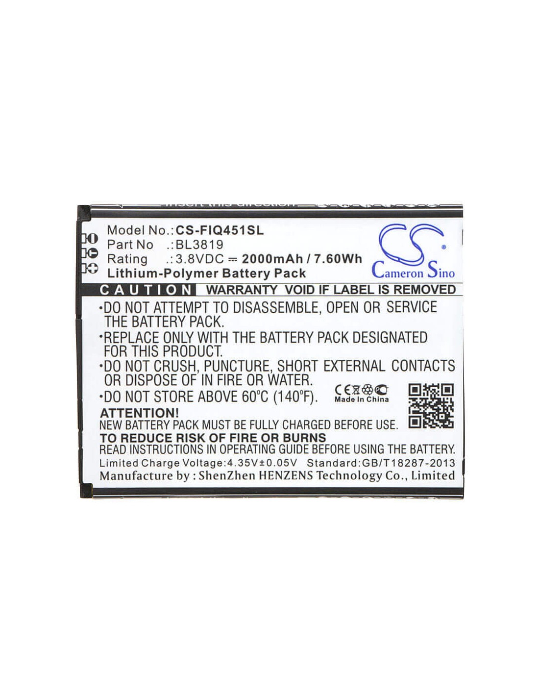 Battery for Fly Iq4514, Iq4514 Quad Evo Tech 4 3.8V, 2000mAh - 9.50Wh