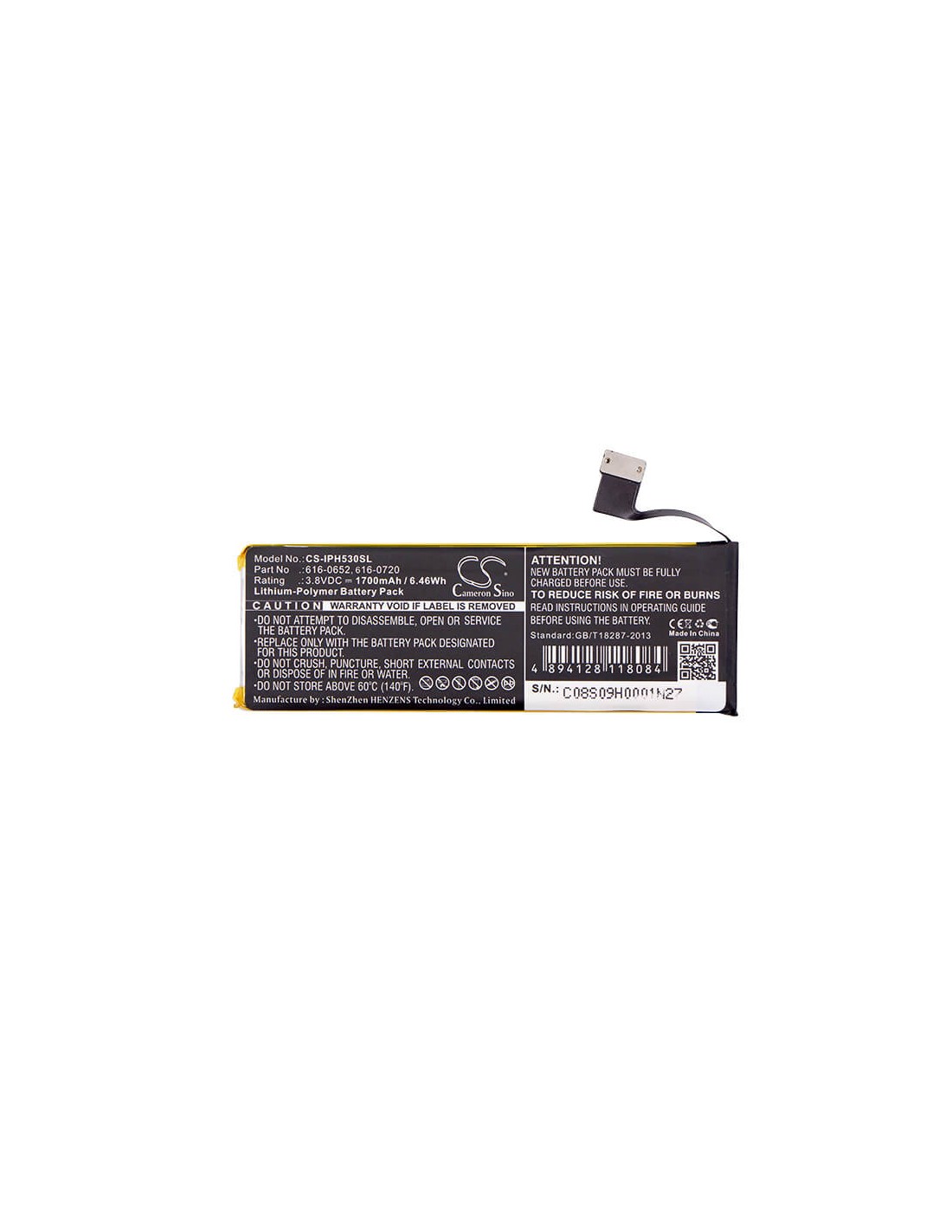 Super High Capacity Battery for Apple Iphone 5s 3.8V, 1700mAh - 6.46Wh