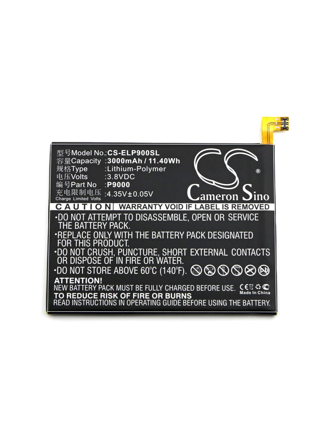 Battery for Elephone, P9000, P9000 Dual Sim Lte 3.8V, 3000mAh - 11.40Wh