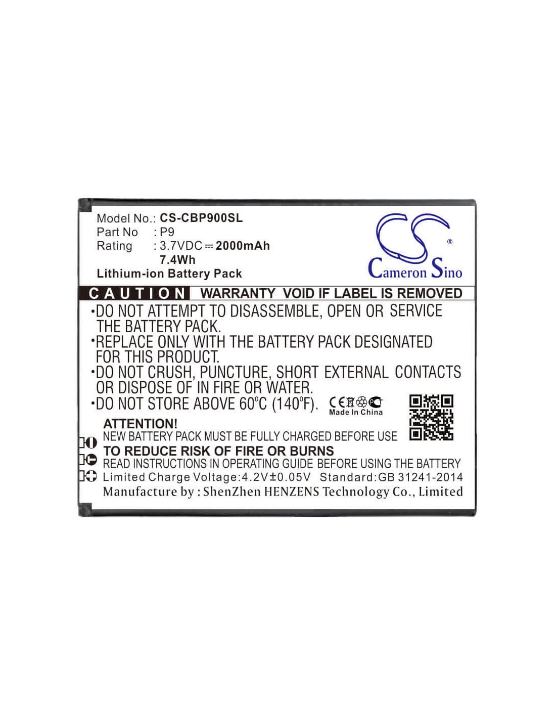 Battery for Cubot, P9 3.7V, 2000mAh - 7.40Wh