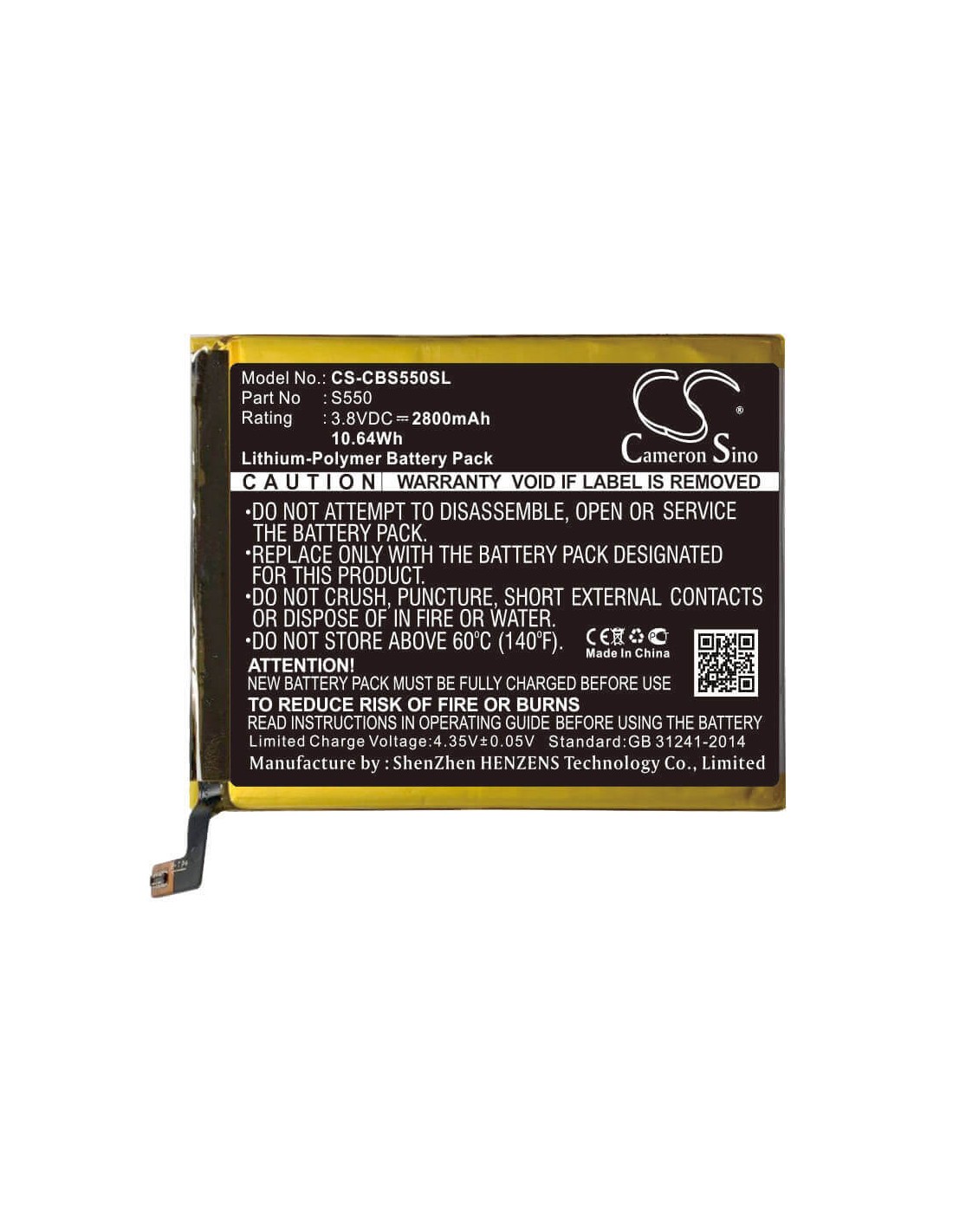 Battery for Cubot, S550 3.8V, 2800mAh - 10.64Wh