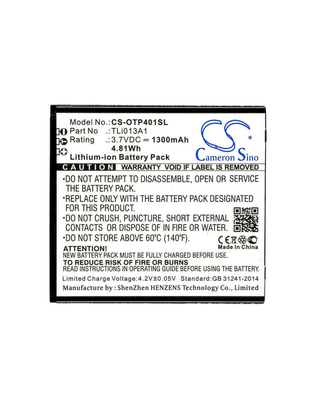 Battery for Alcatel, One Touch Pixi 4 3.5, Ot-4017, Ot-4017a 3.7V, 1300mAh - 4.81Wh