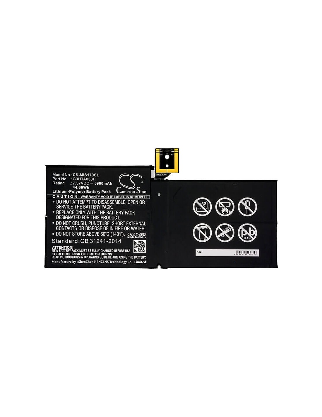 Battery for Microsoft, Surface Pro 5, Surface Pro 5 1796' 7.57V, 5900mAh - 44.66Wh