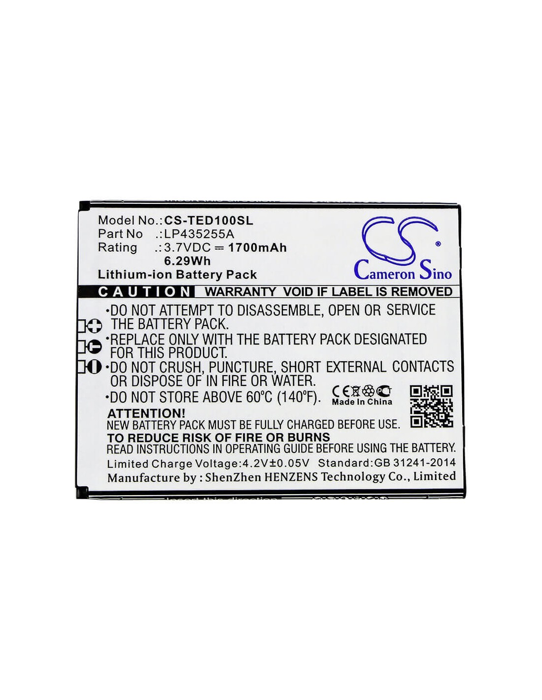 Battery for Telefunken, Selfie Ts1, 3.7V, 1700mAh - 6.29Wh