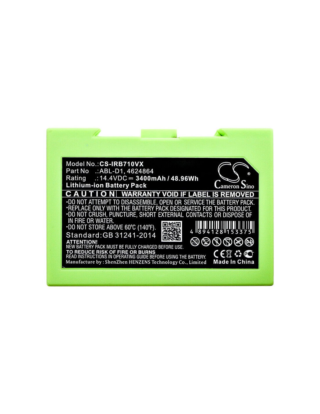Battery for Irobot, 7150, Roomba 5150, Roomba 7550 14.4V, 3400mAh - 48.96Wh