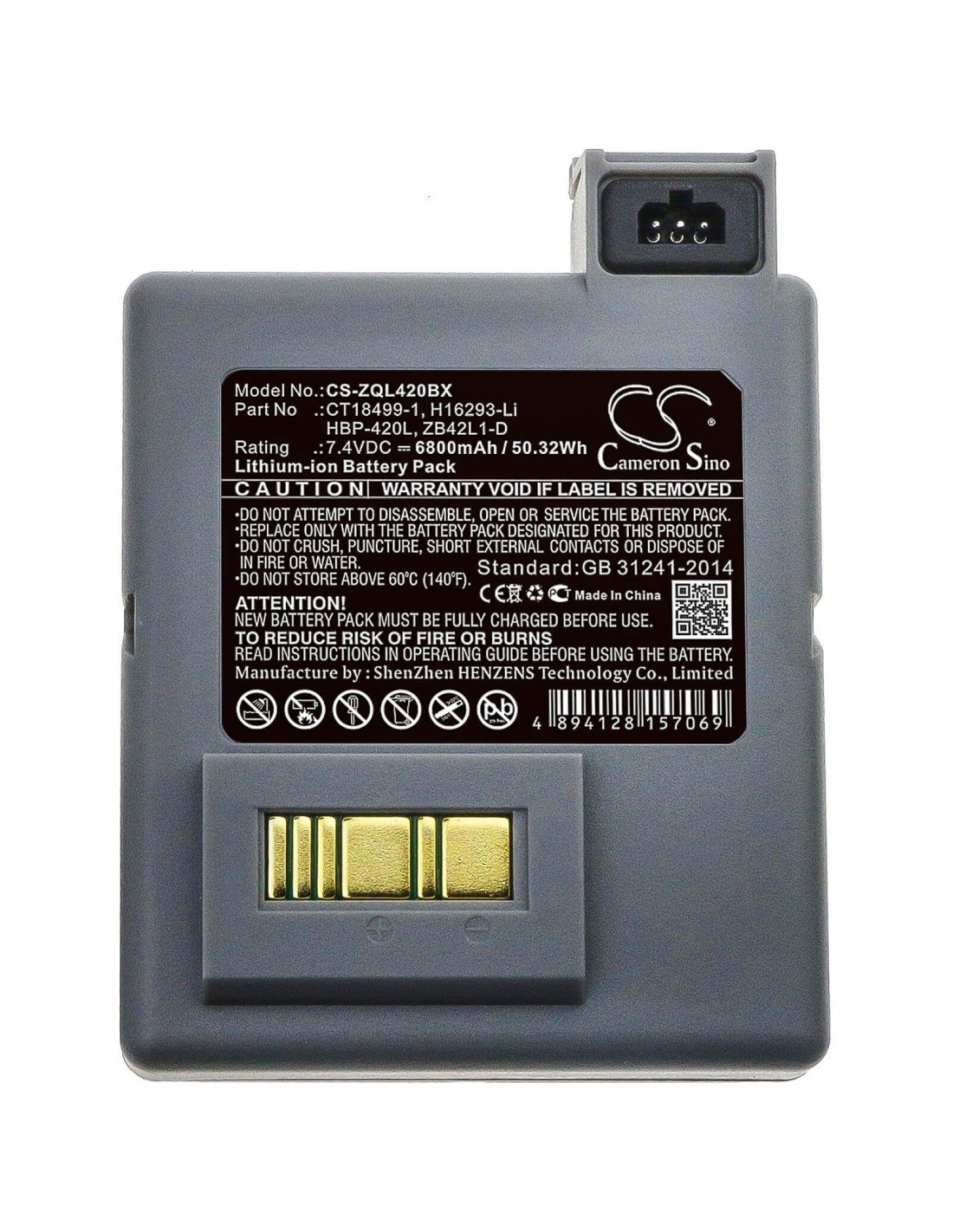 Battery for Zebra, P4t, Rp4 7.4V, 6800mAh - 50.32Wh