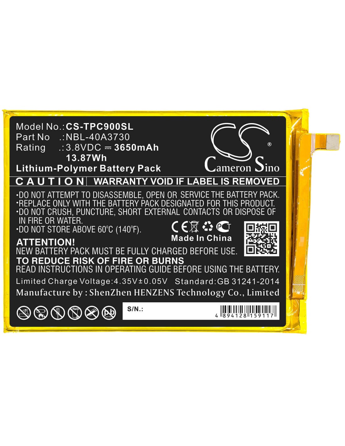 Battery for Neffos, C9, Tp707a, Tp-link 3.8V, 3650mAh - 13.87Wh