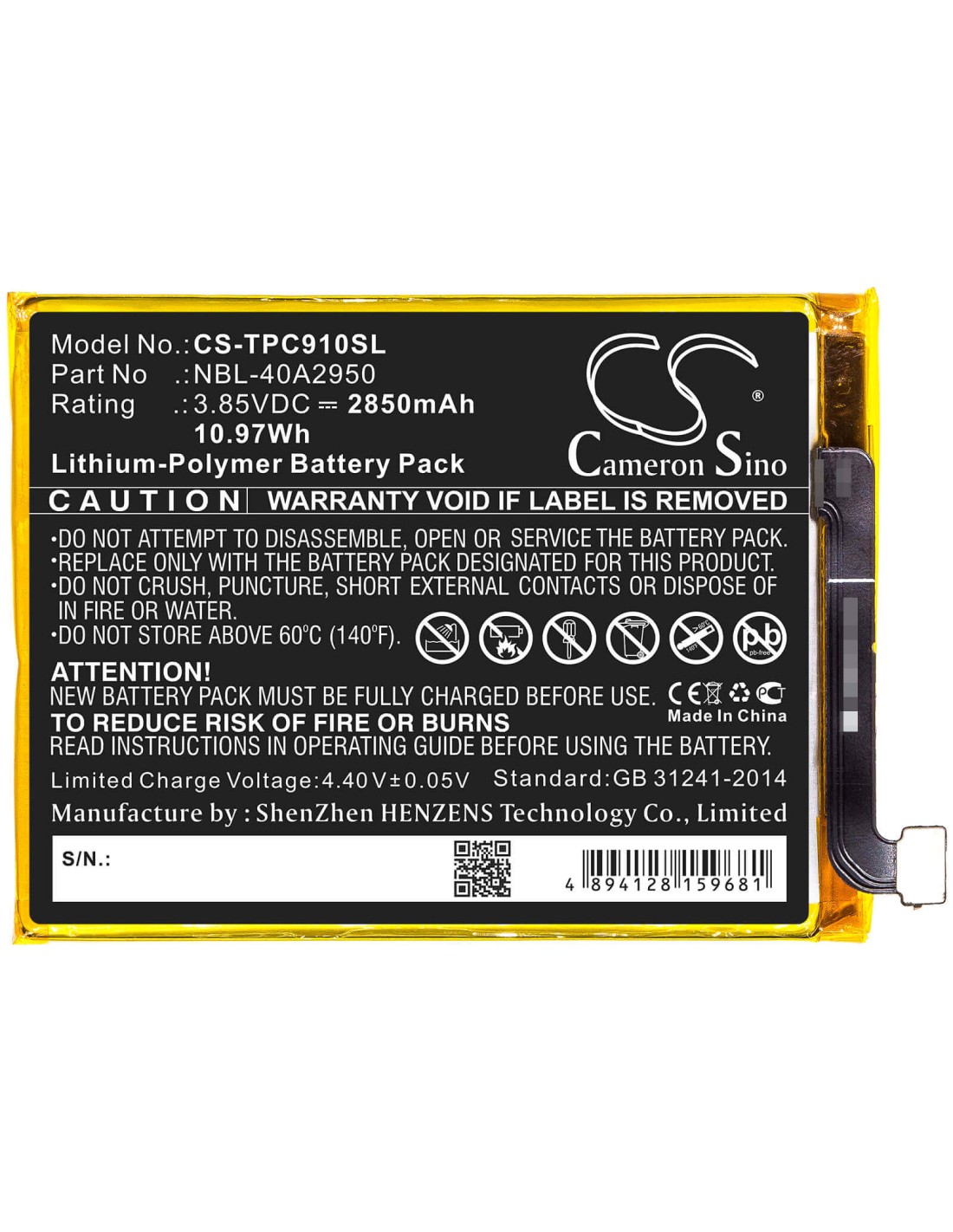 Battery for Neffos, C9 Max, Tp7062, Tp-link 3.85V, 2850mAh - 10.97Wh