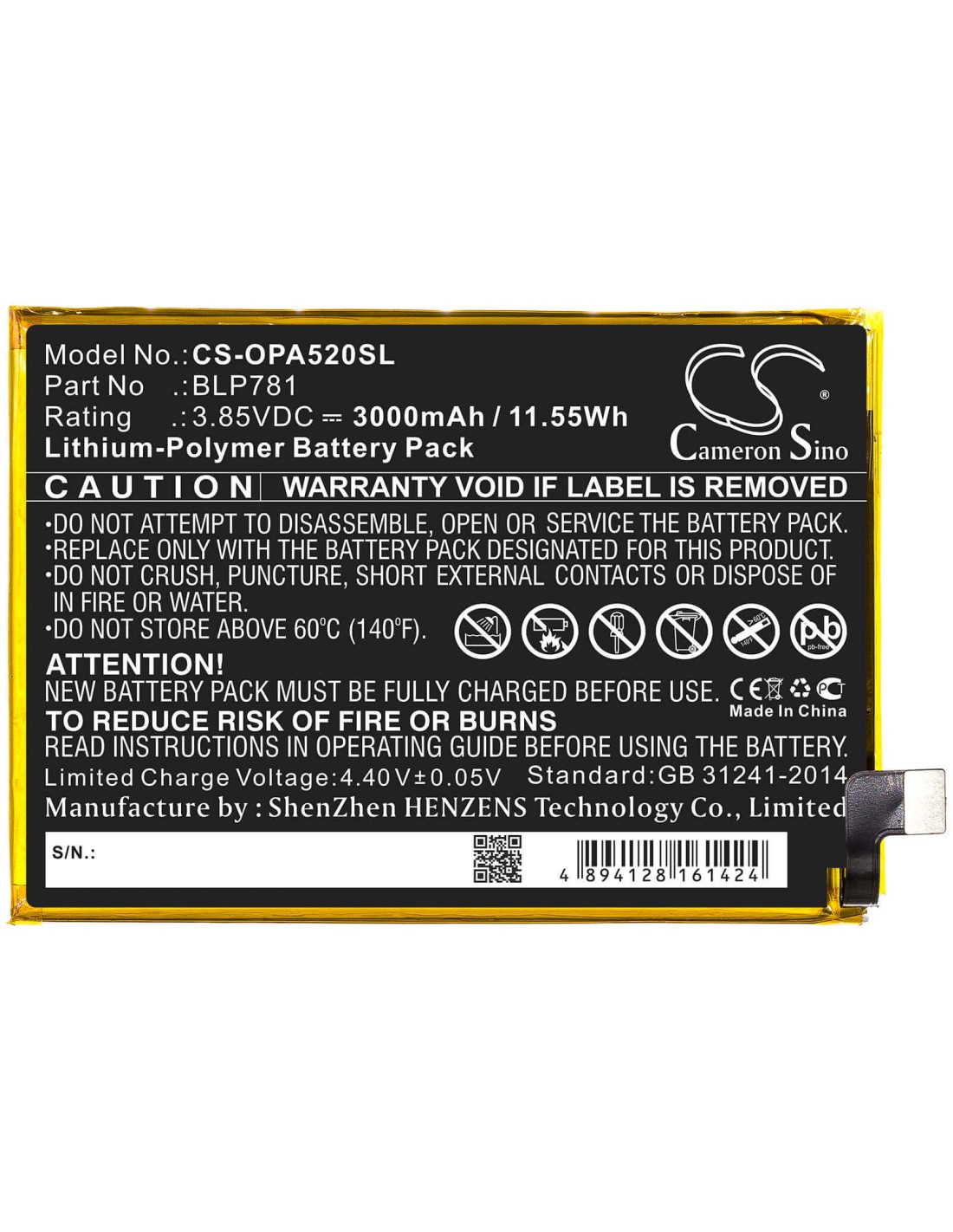 Battery for Oppo, A52, Cph2061 3.85V, 3000mAh - 11.55Wh