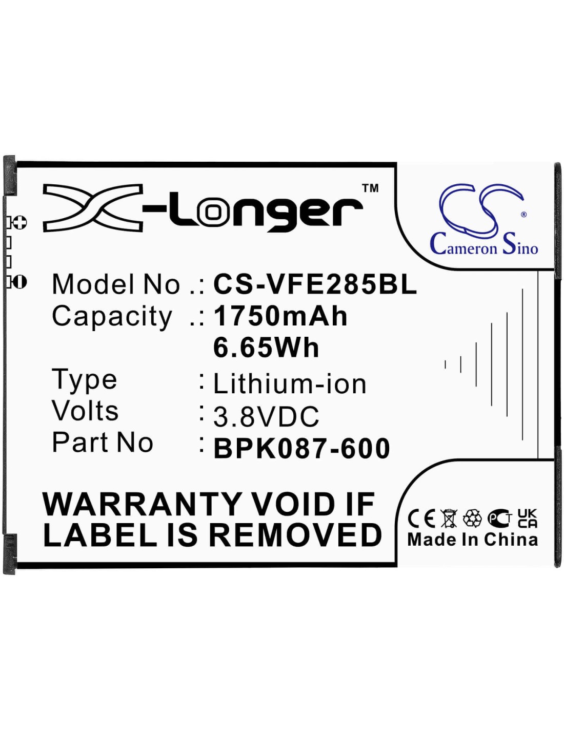 Battery for Verifone, E285, Ipay E285 3.8V, 1800mAh - 6.84Wh