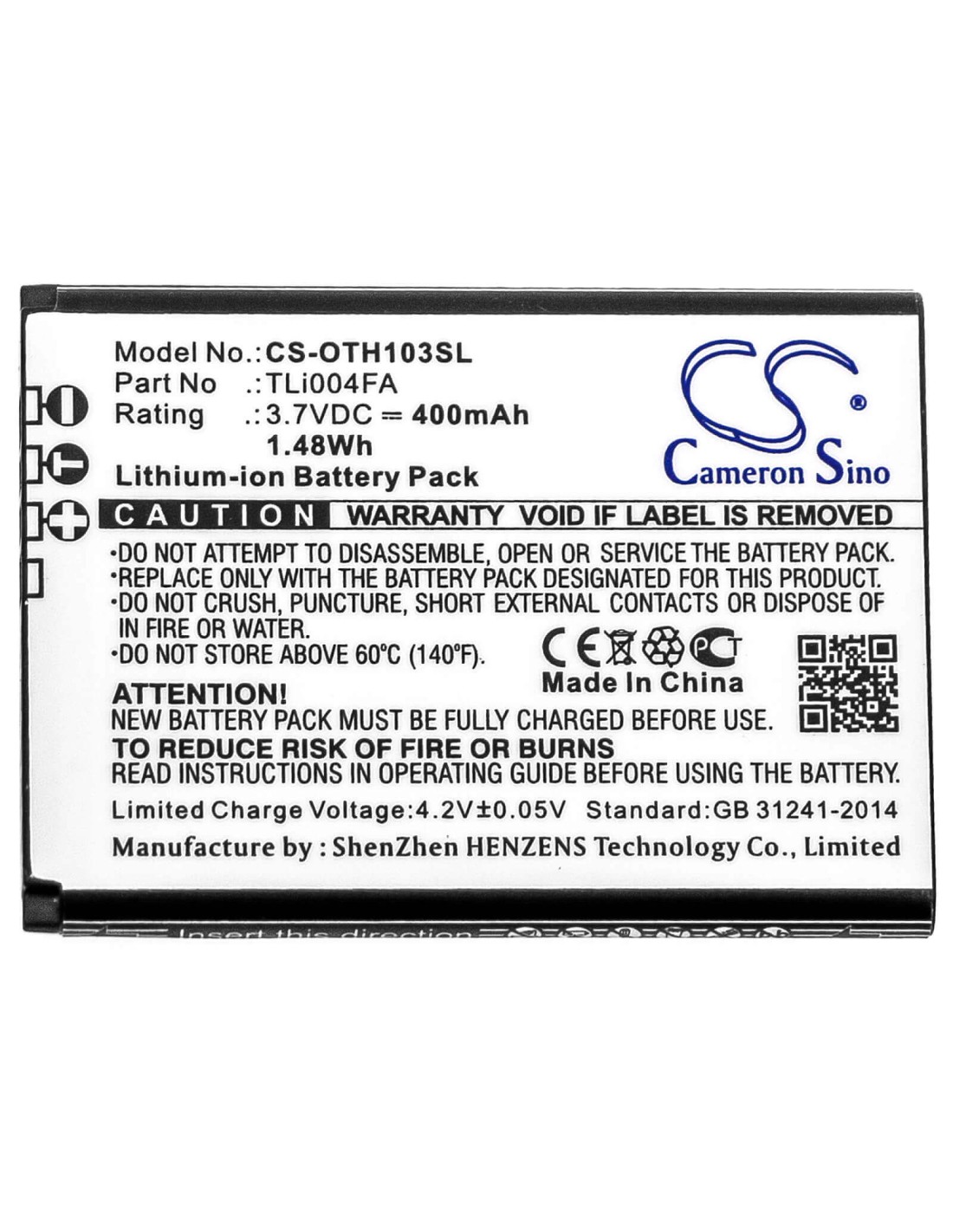 Battery for Alcatel, Onetouch, 1013x, Onetouch 3.7V, 400mAh - 1.48Wh