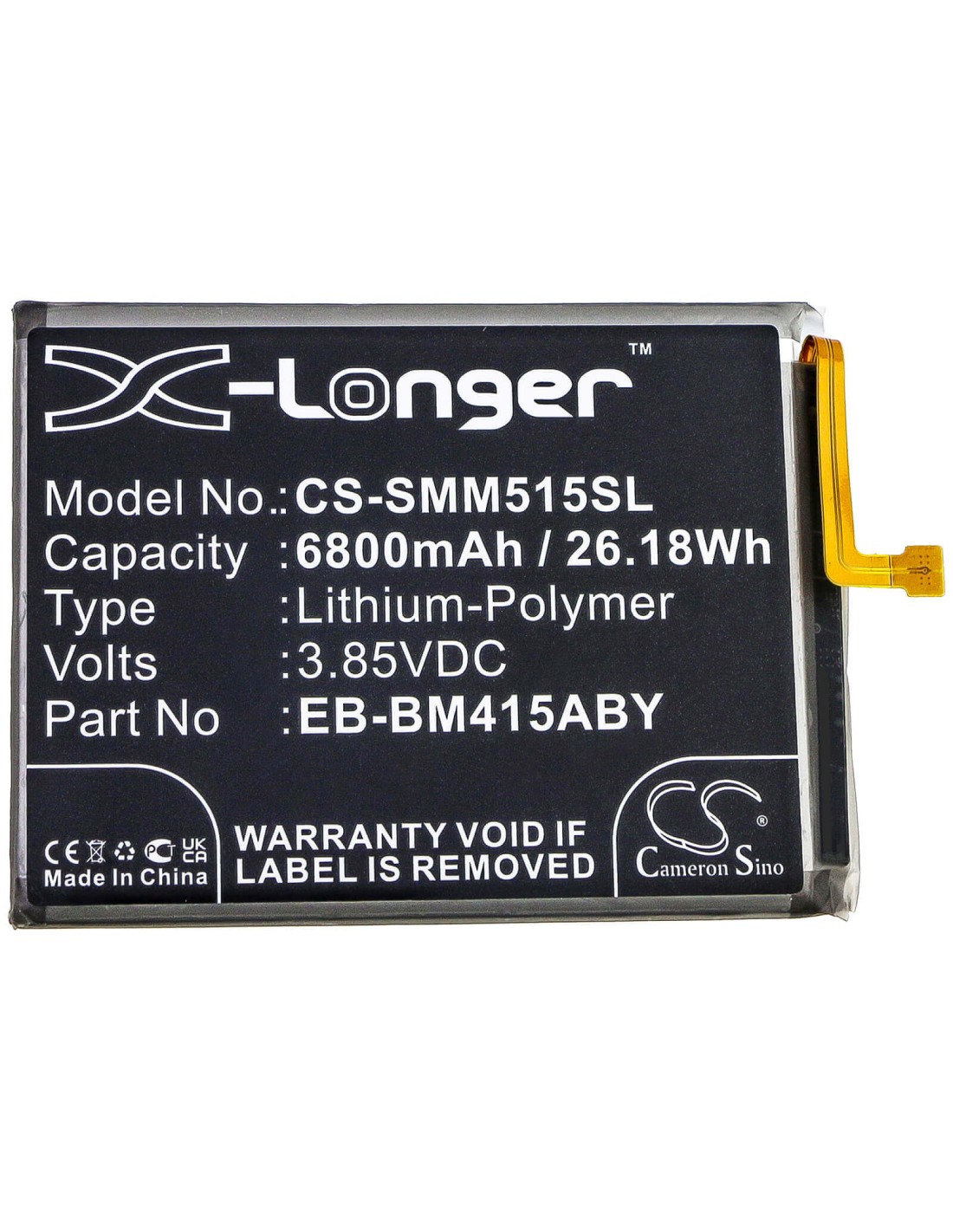 Battery for Samsung, Galaxy M51, Sm-m515, Sm-m515f/dsn 3.85V, 6800mAh - 26.18Wh