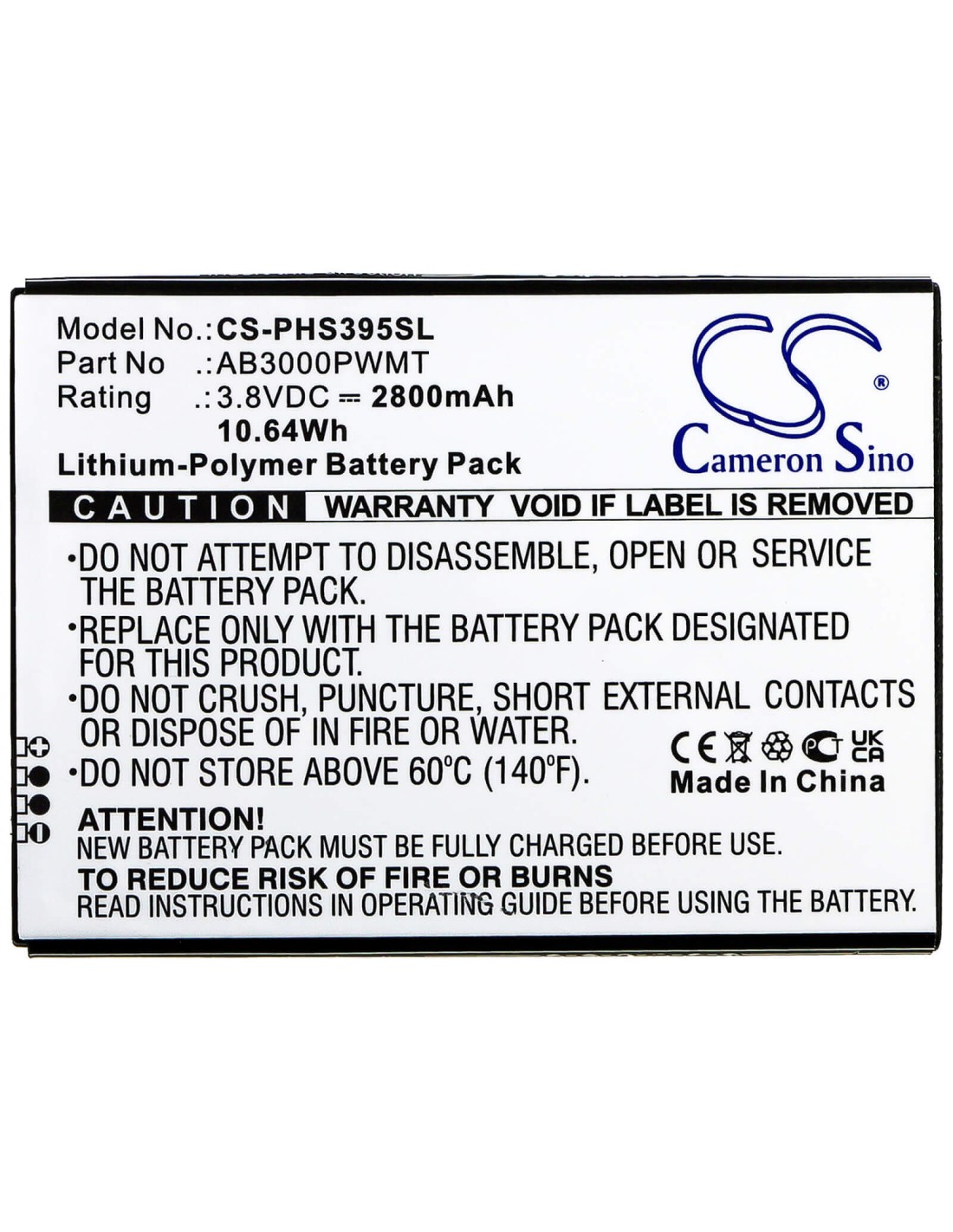 Battery for Philips, Cts395, Xenium S395 3.8V, 2800mAh - 10.64Wh