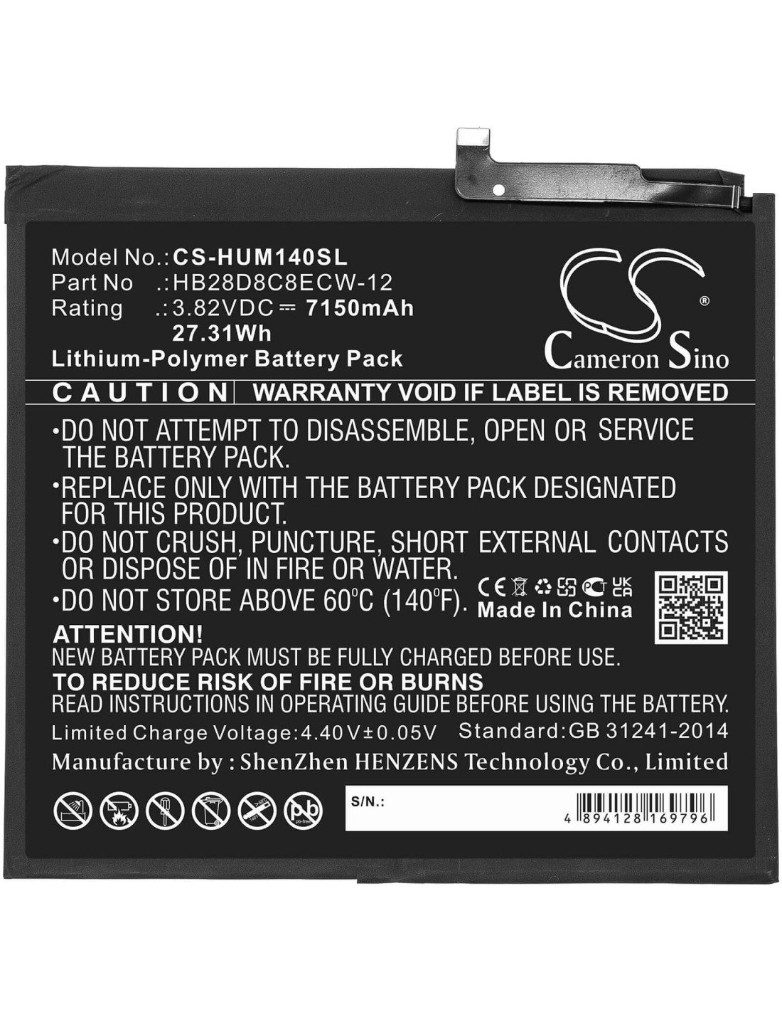 Battery for Huawei, Bah3-al00, Bah3-l09, Bah3-w09 3.82V, 7150mAh - 27.31Wh