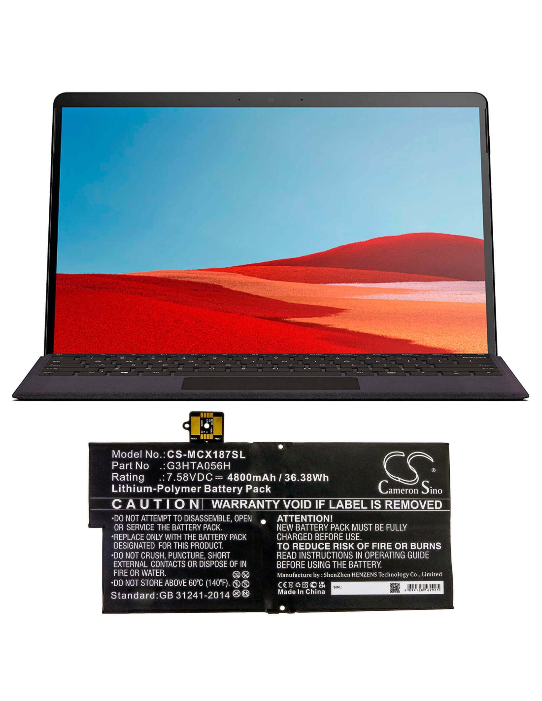 Battery for Microsoft, Surface Pro X 1876 11.36V, 4800mAh - 54.53Wh