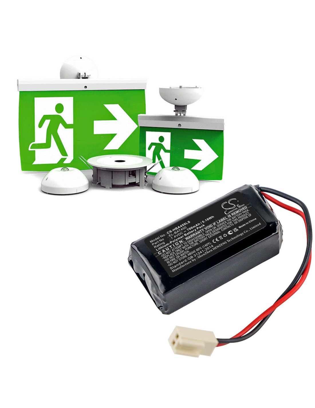 7.4V, Li-Polymer, 700mAh, Battery fits Hochiki, Exit Signs, Firescape Luminaires, 5.18Wh